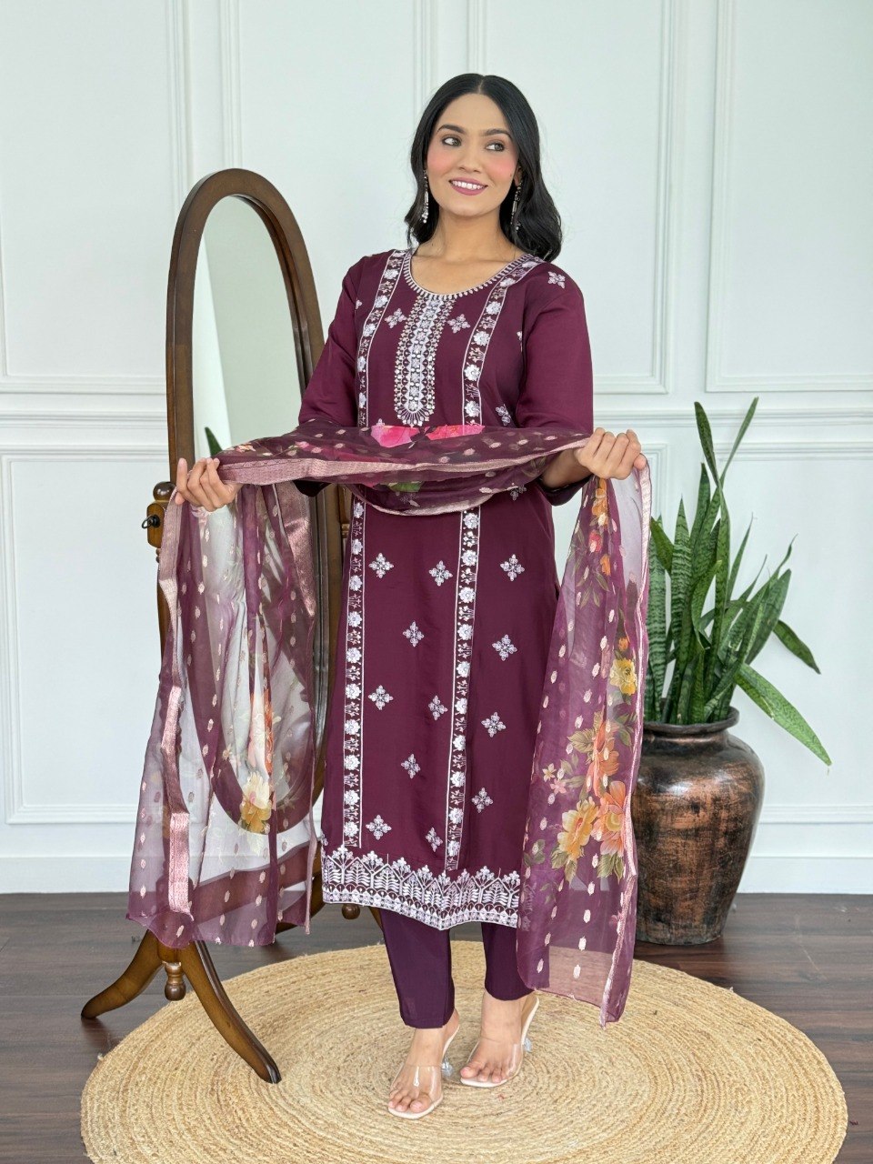 Classy Plum Embroidered Kurta Set for Festive Wear.