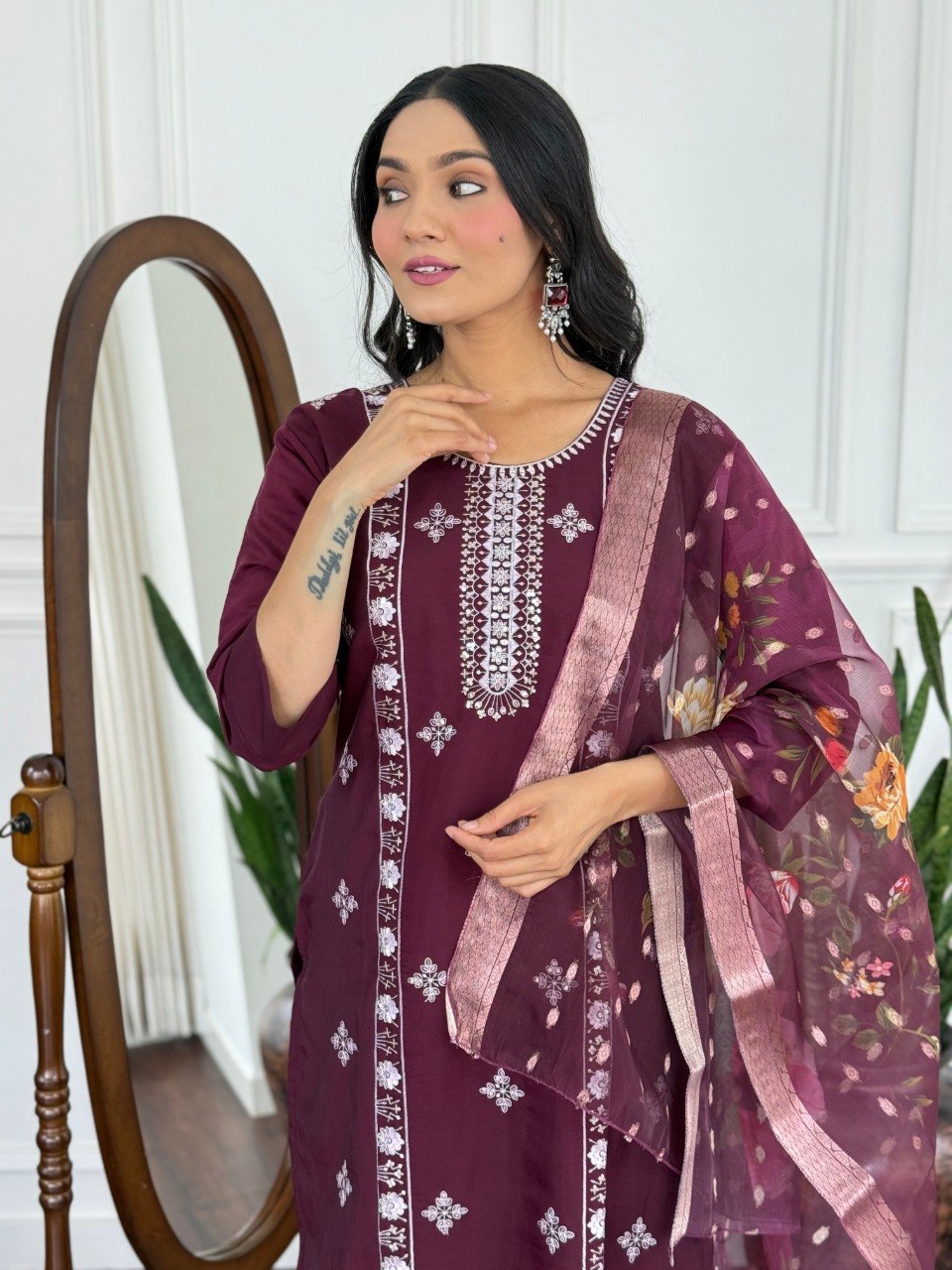 Classy Plum Embroidered Kurta Set for Festive Wear.