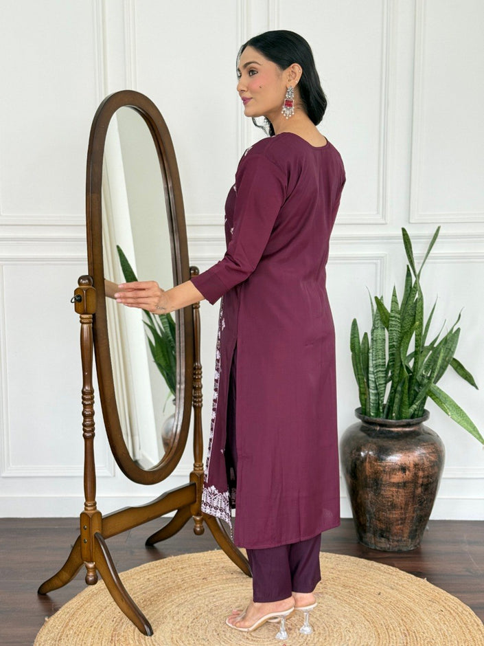 Classy Plum Embroidered Kurta Set for Festive Wear.