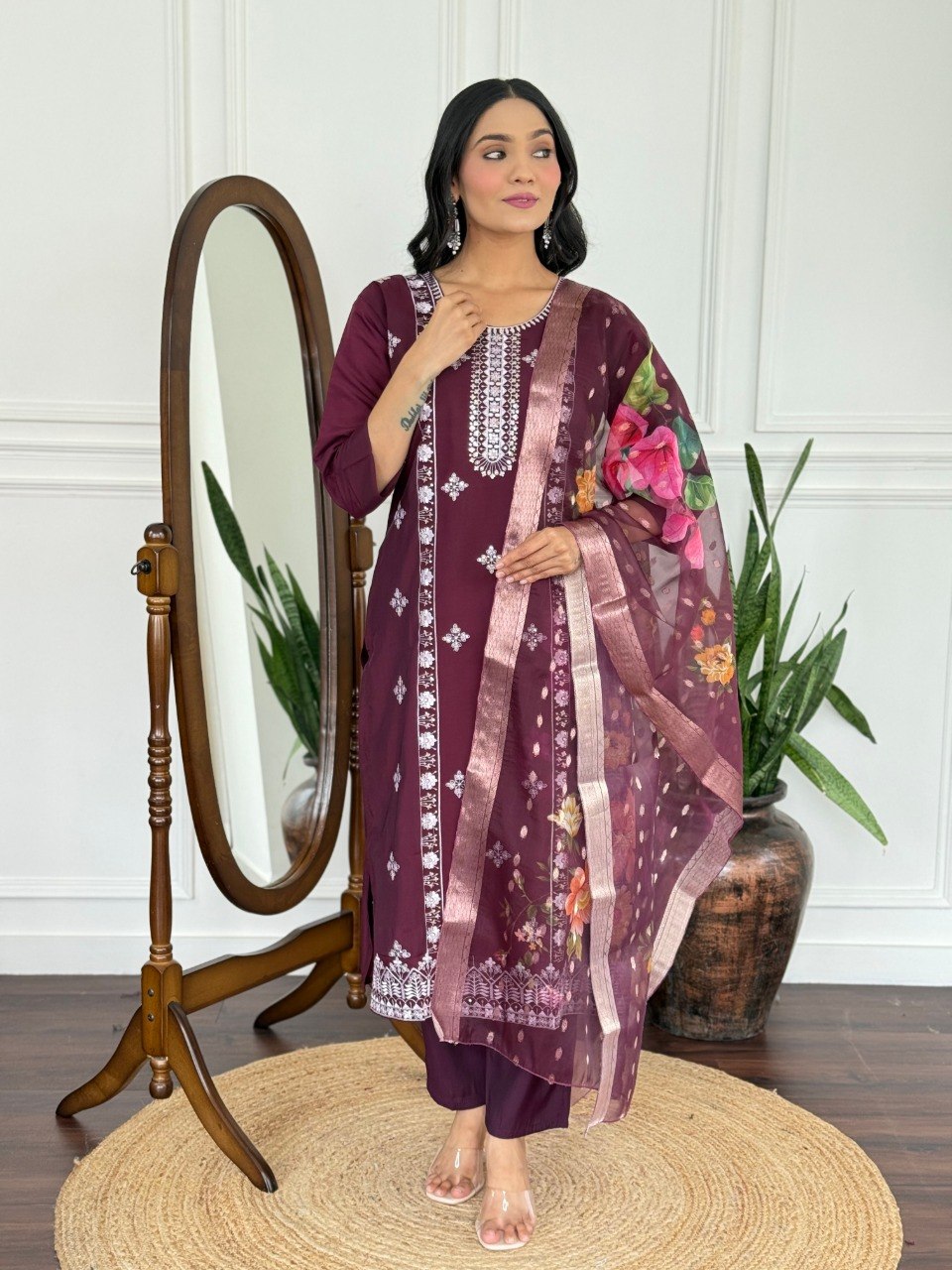 Classy Plum Embroidered Kurta Set for Festive Wear.