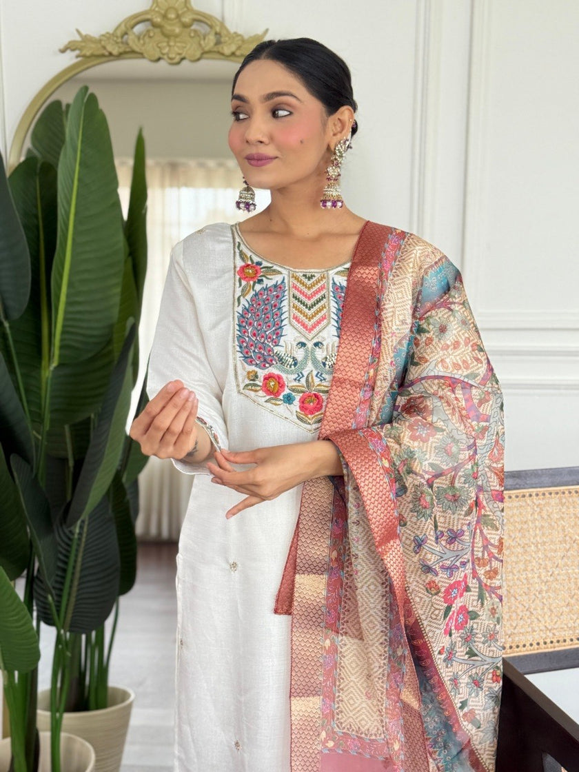 Classy Cream Embroidered Kurta Set with Statement Dupatta.