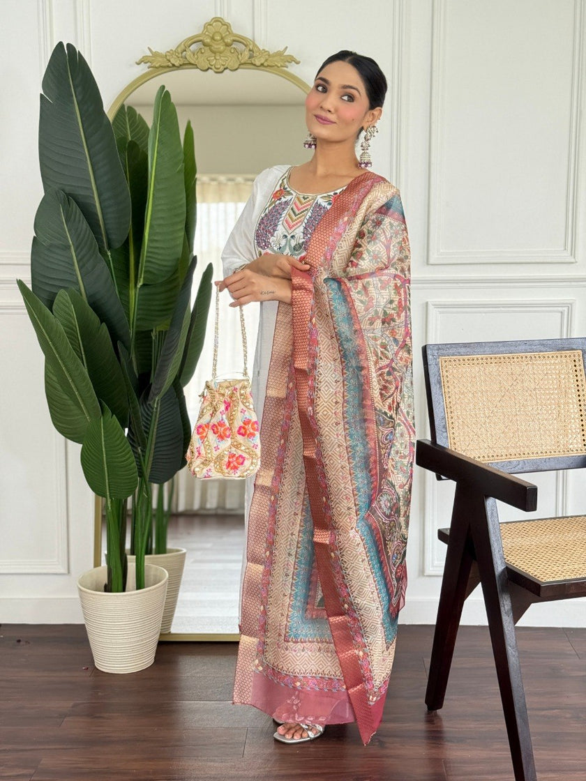 Classy Cream Embroidered Kurta Set with Statement Dupatta.