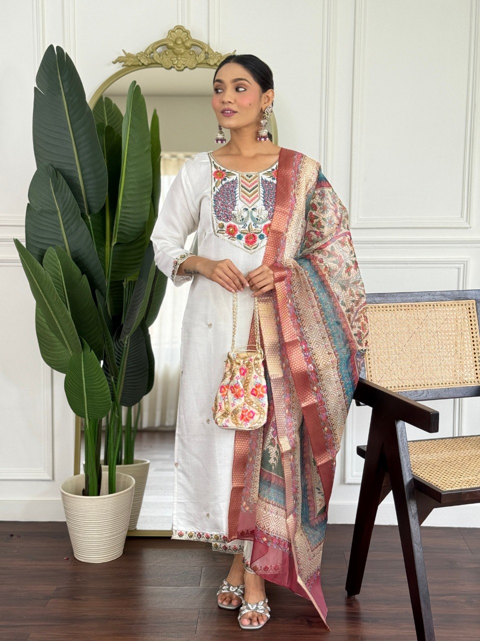 Classy Cream Embroidered Kurta Set with Statement Dupatta.