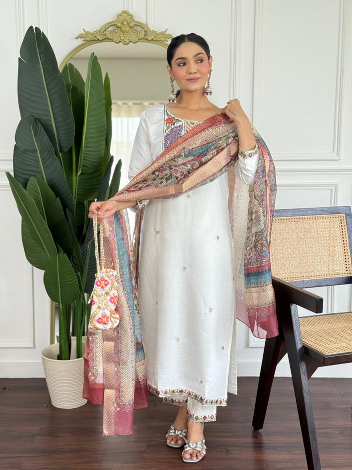 Classy Cream Embroidered Kurta Set with Statement Dupatta.