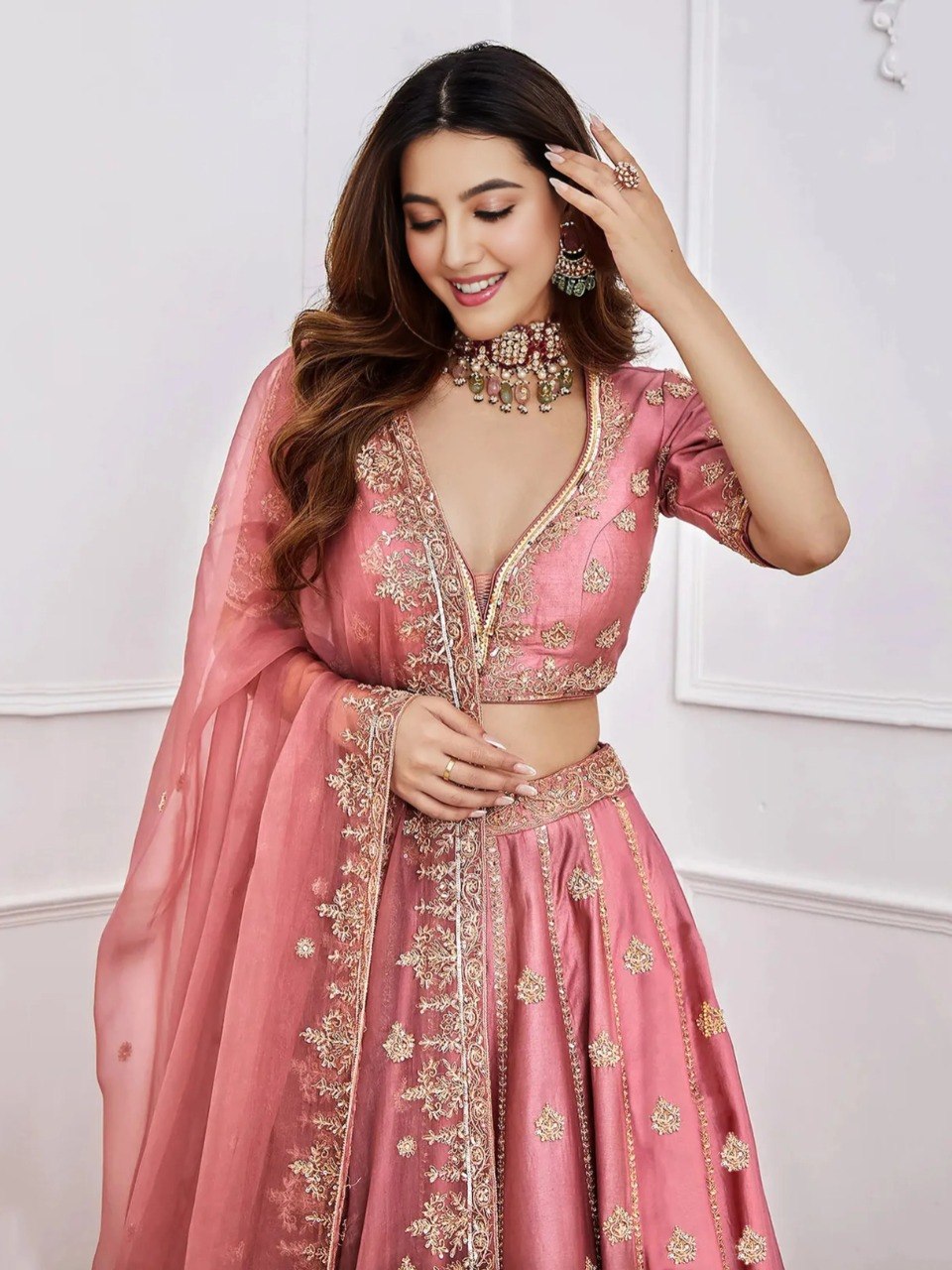Designer Mauve Pink Embroidered Lehenga Choli Set.