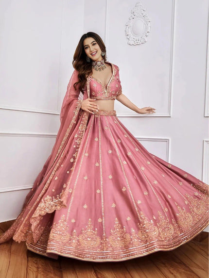 Designer Mauve Pink Embroidered Lehenga Choli Set.