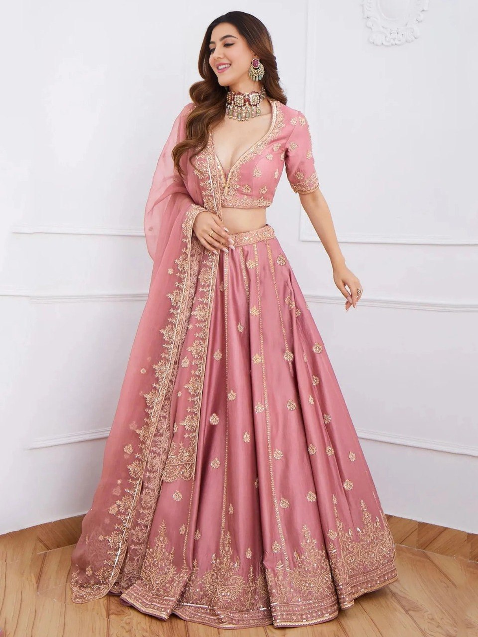 Designer Mauve Pink Embroidered Lehenga Choli Set.