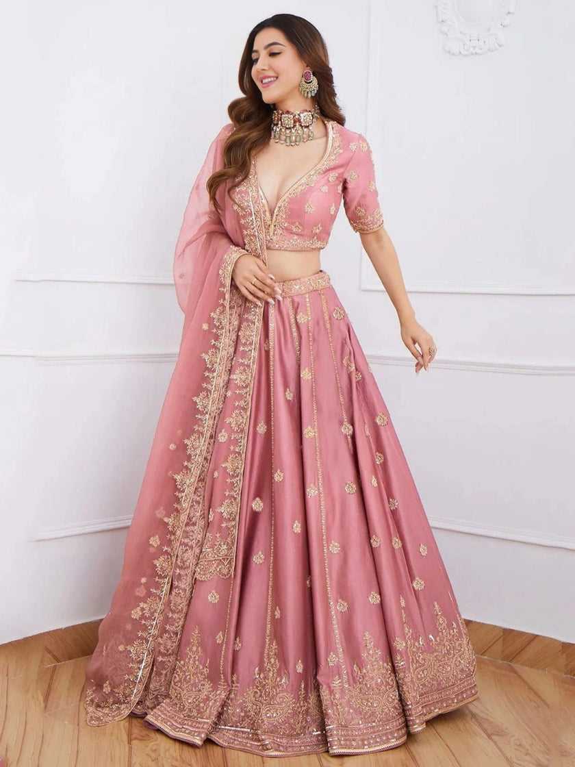 Designer Mauve Pink Embroidered Lehenga Choli Set.