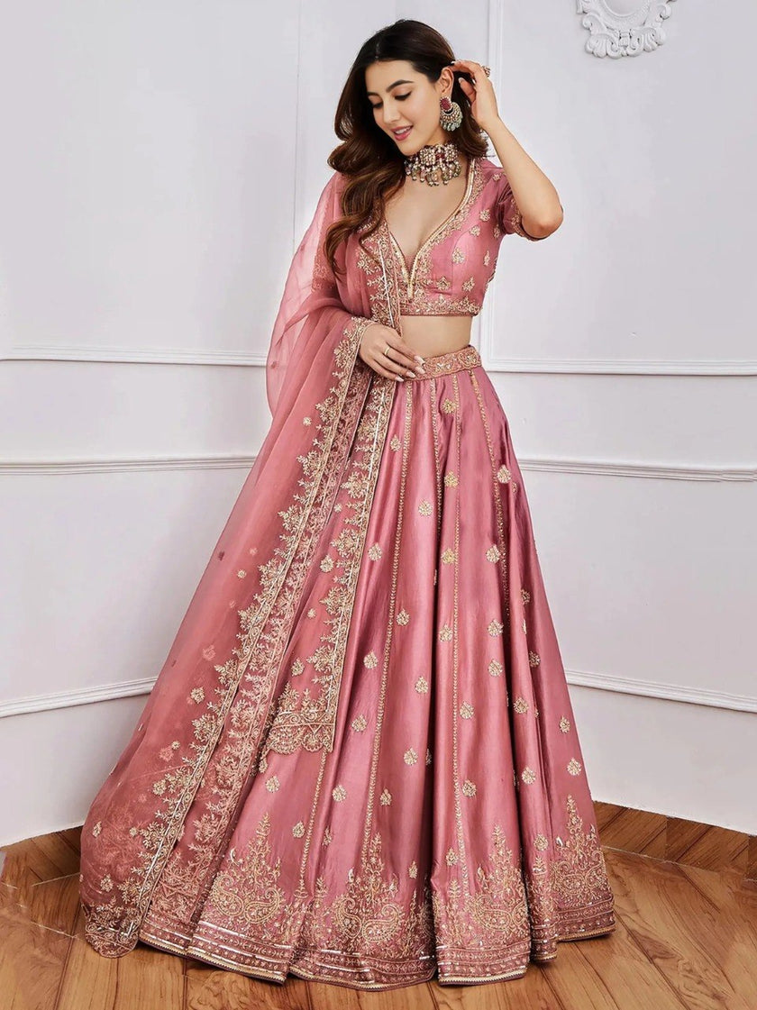 Designer Mauve Pink Embroidered Lehenga Choli Set.