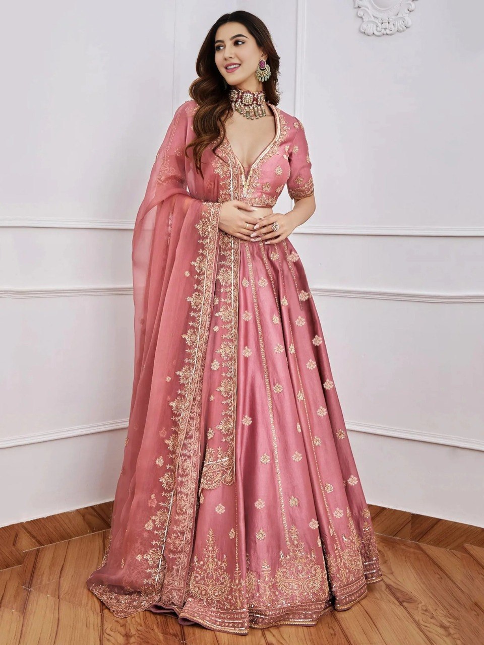 Designer Mauve Pink Embroidered Lehenga Choli Set.