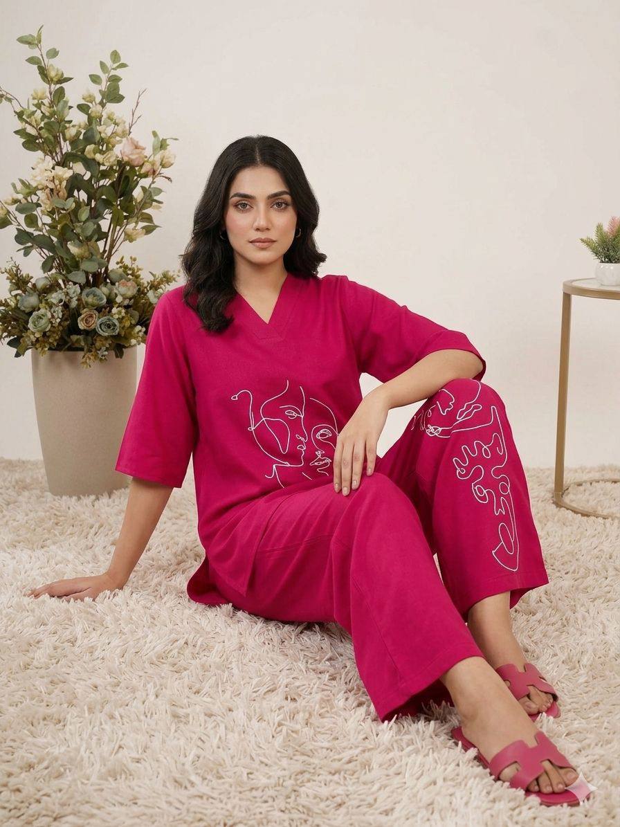 Stylish Pink Artistic Co-Ord Set for Women.