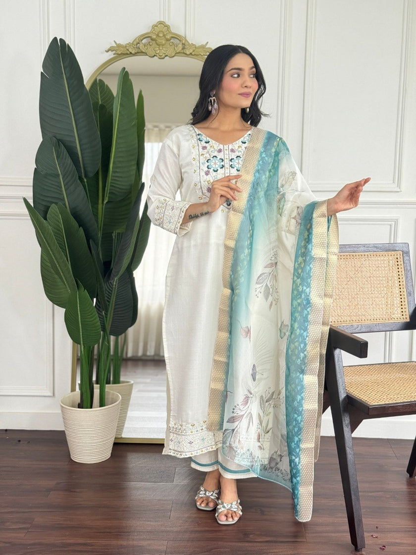 Minimalist Off-White Embroidered Ethnic Set with Dupatta.