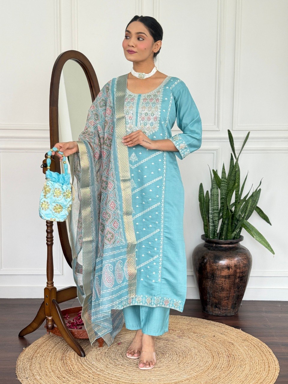 Classy Aqua Blue Traditional Kurta Set with Designer Dupatta.