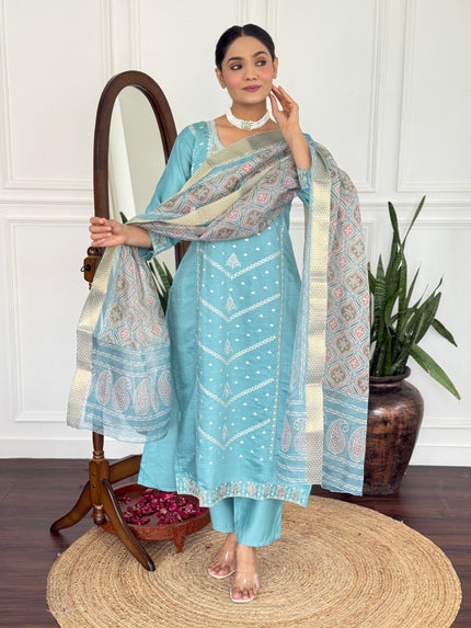 Classy Aqua Blue Traditional Kurta Set with Designer Dupatta.