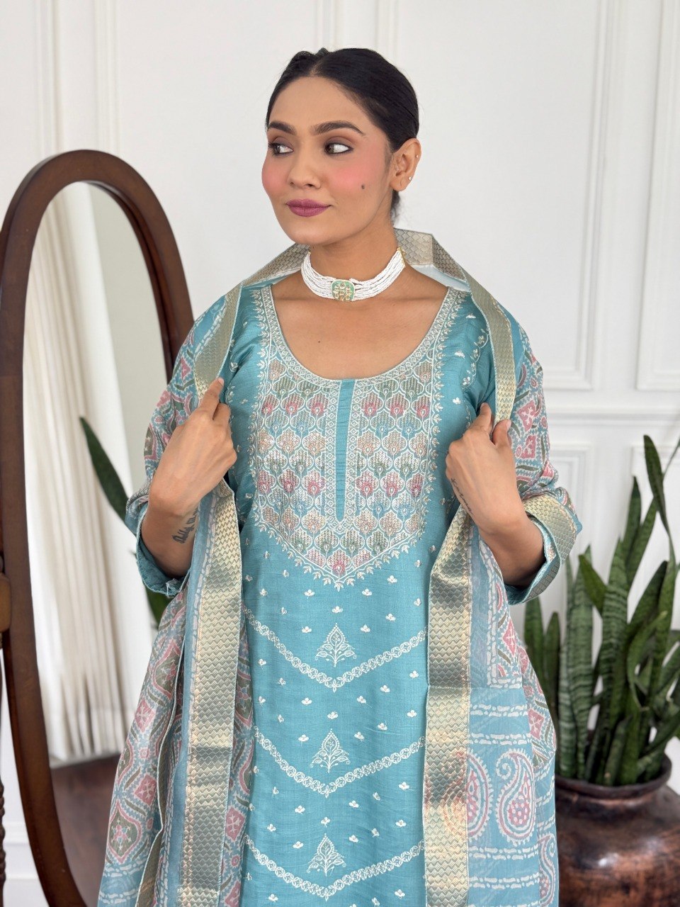 Classy Aqua Blue Traditional Kurta Set with Designer Dupatta.