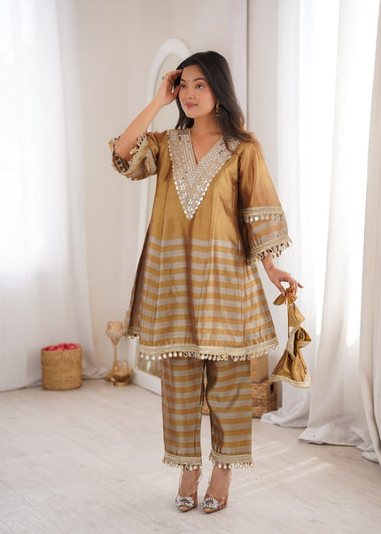 Women’s Designer Golden Kurta Co-Ord Set.