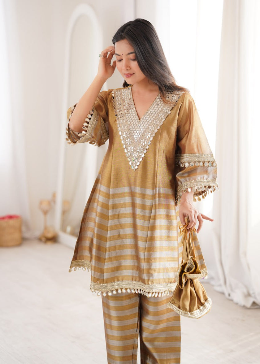 Women’s Designer Golden Kurta Co-Ord Set.