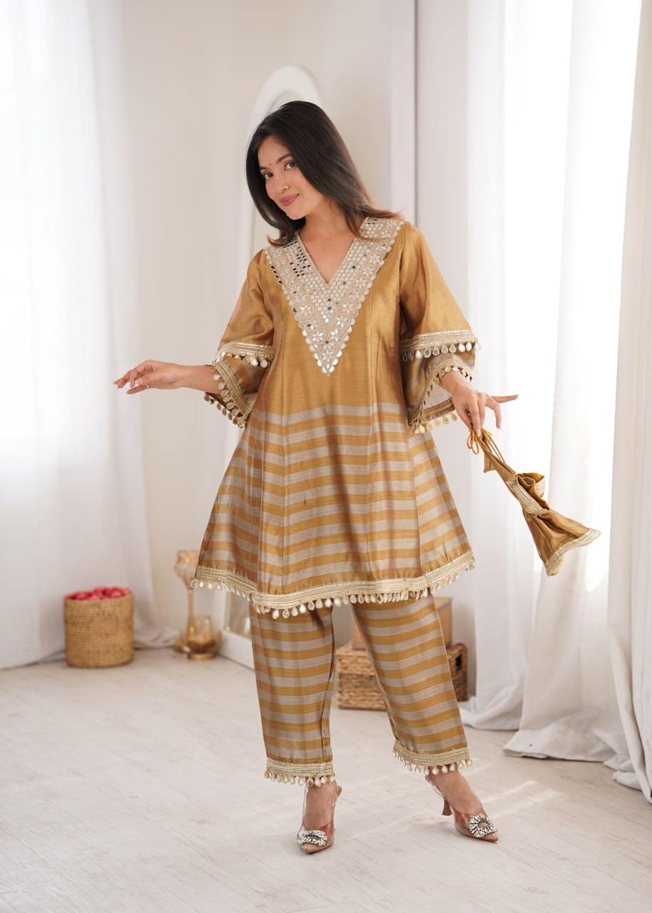Women’s Designer Golden Kurta Co-Ord Set.