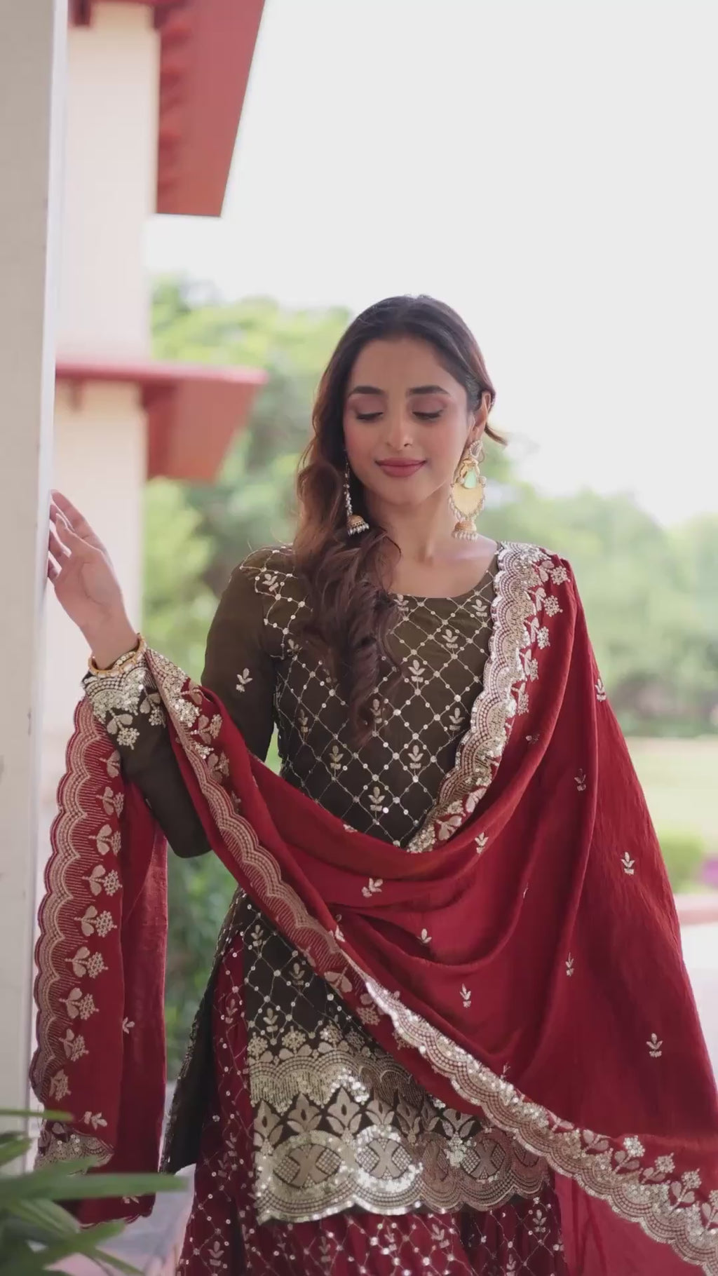 Royal Olive & Crimson Embroidered Sharara Set with Dupatta.