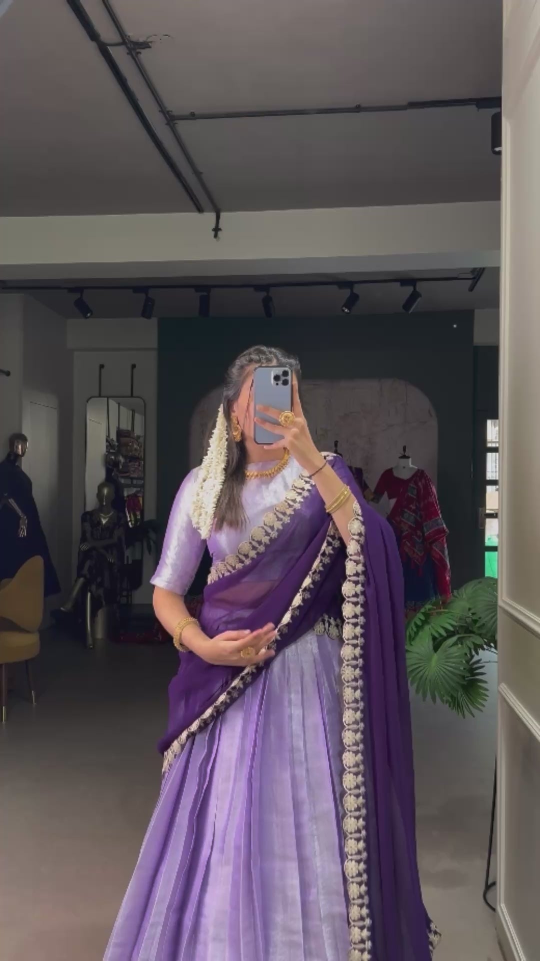 Lavender Silk Lehenga Choli with Contrast Dark Purple Dupatta.