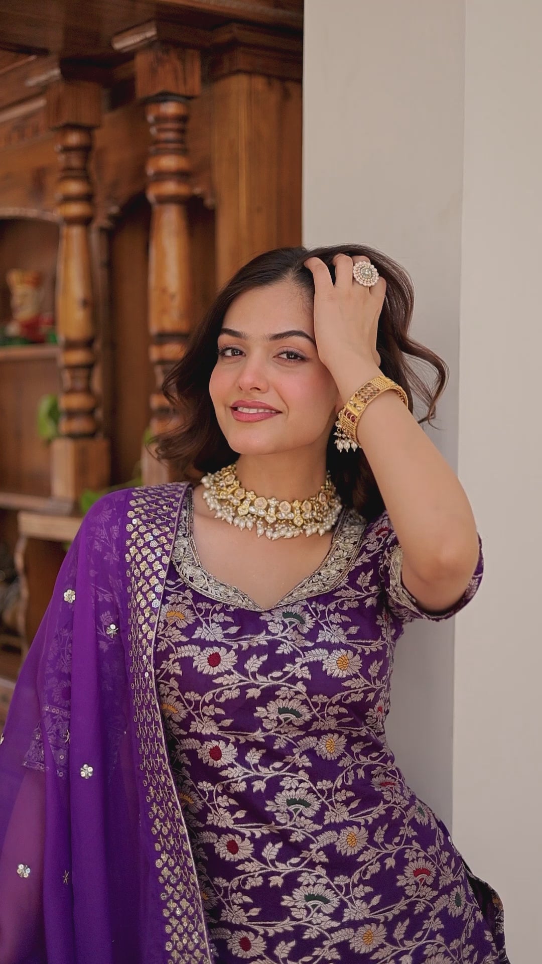 Royal Purple Embroidered Kurta Sharara Set with Organza Dupatta.