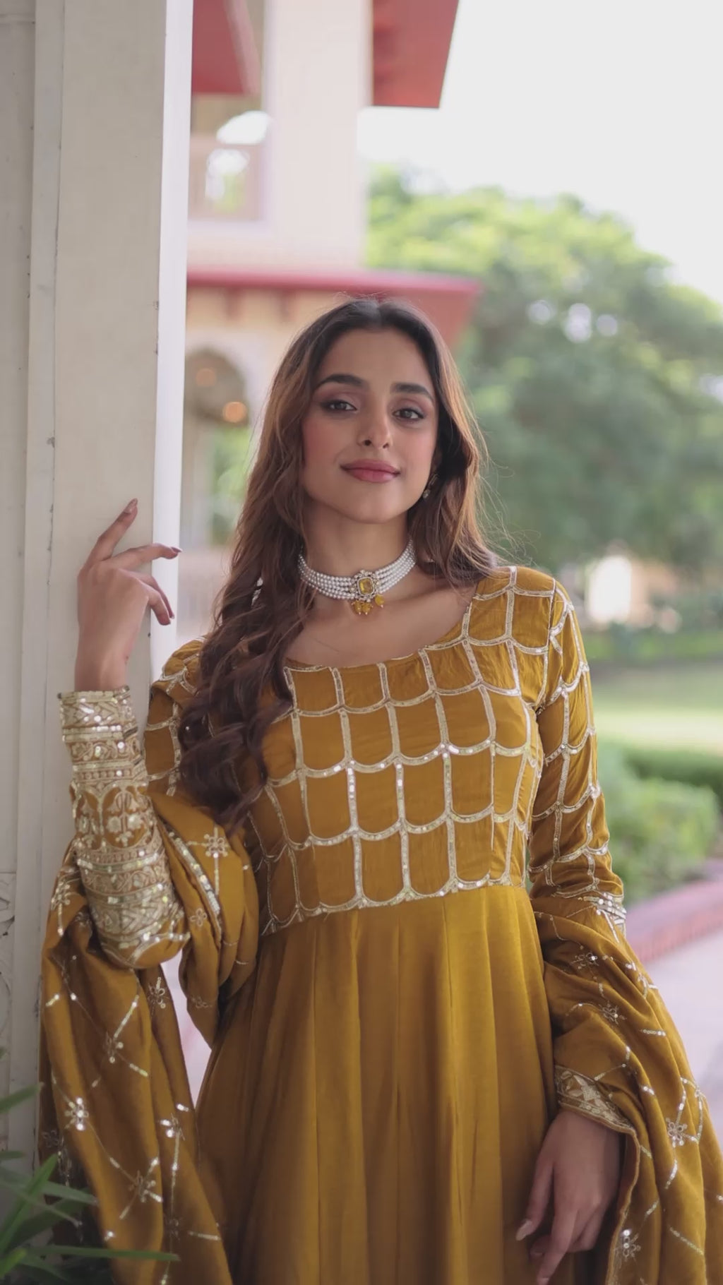 Elegant Embroidered Anarkali Suit Set with Dupatta – Mustard & Olive Combo.