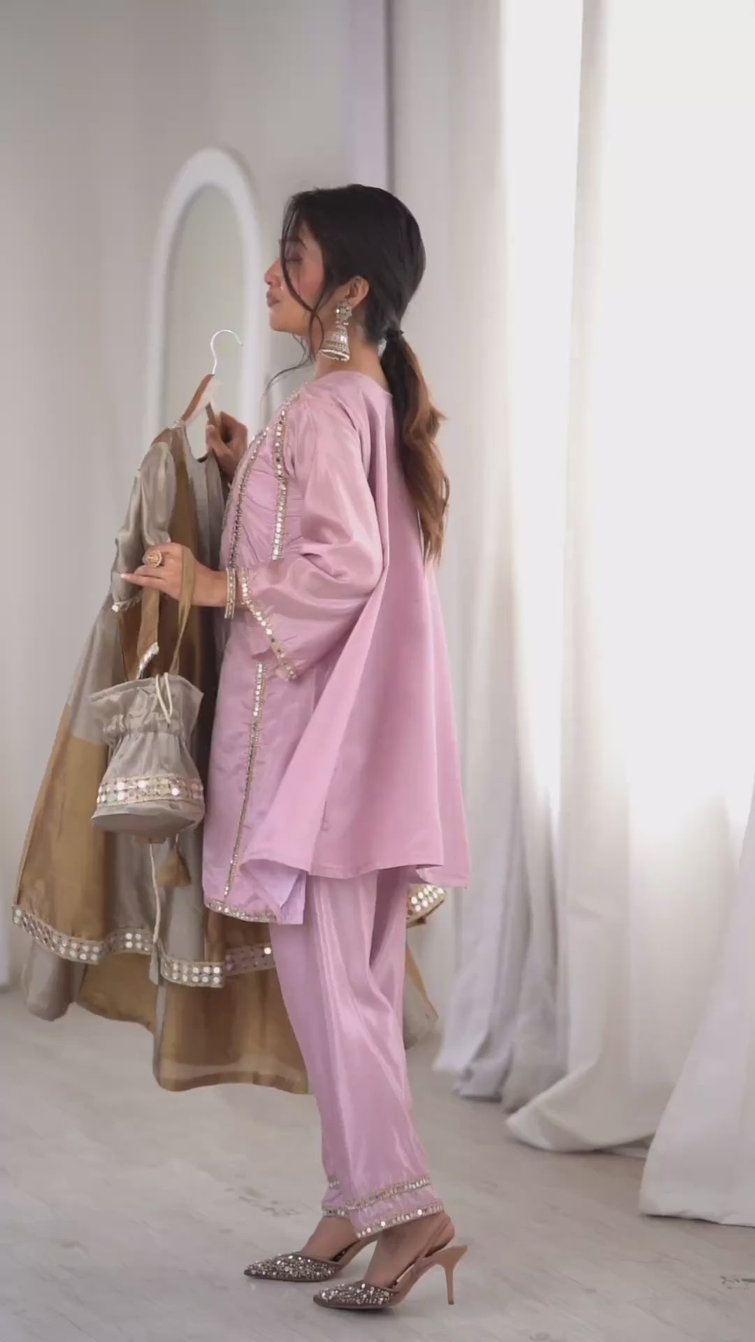 Women’s Gold Tone Festive Peplum Top with Flared Palazzo.