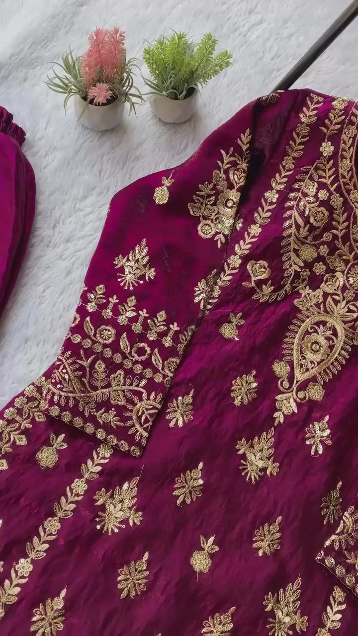 Elegant Maroon Embroidered Kurta Sharara Set with Dupatta